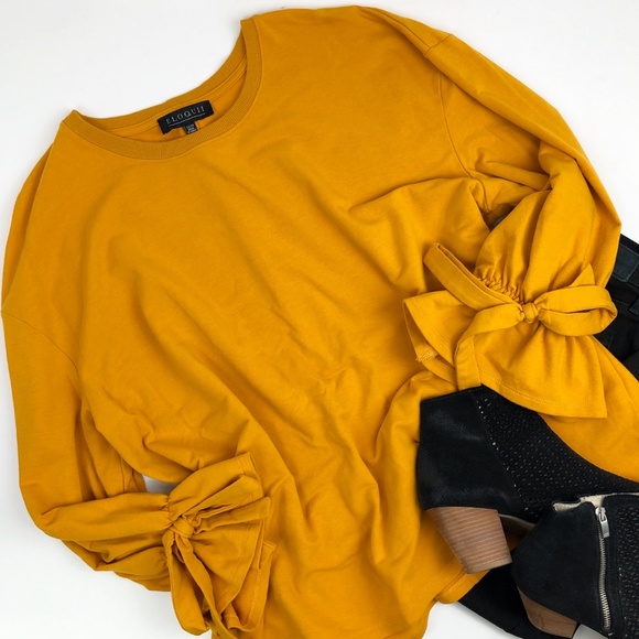 Eloquii Tops - Eloquii Pullover Puff Sleeves Tie Wrists Mustard